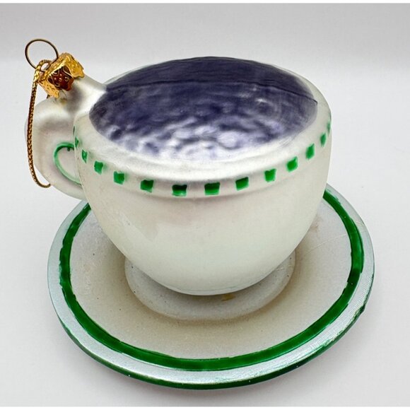Vintage Espresso Cup Glass Christmas Tree Ornament with Saucer White Green Trim - Picture 7 of 9
